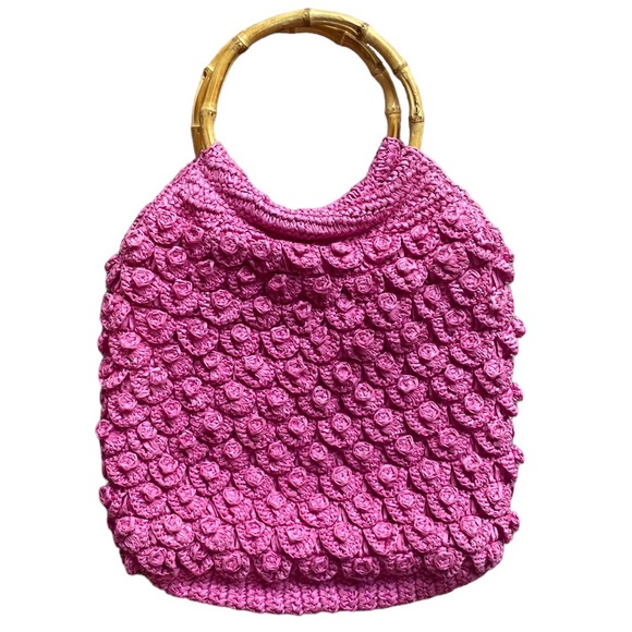 J Crew Pink Straw Hobo Bag Tote Double Bamboo Handles Large New - Picture 2 of 7